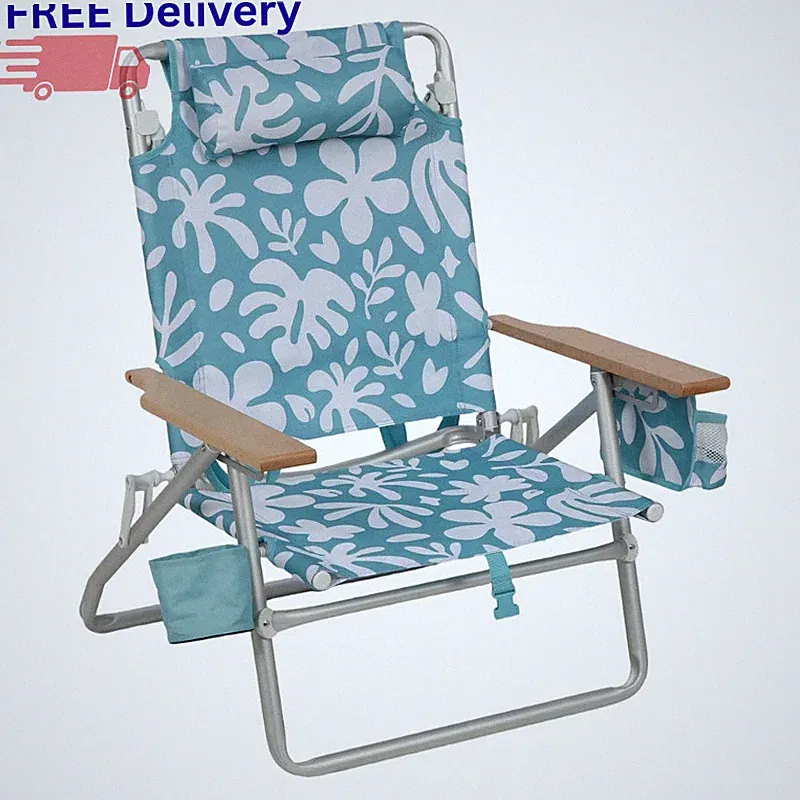 5-Position Lay Flat Beach Chair Backpack Straps Wood Armrests New