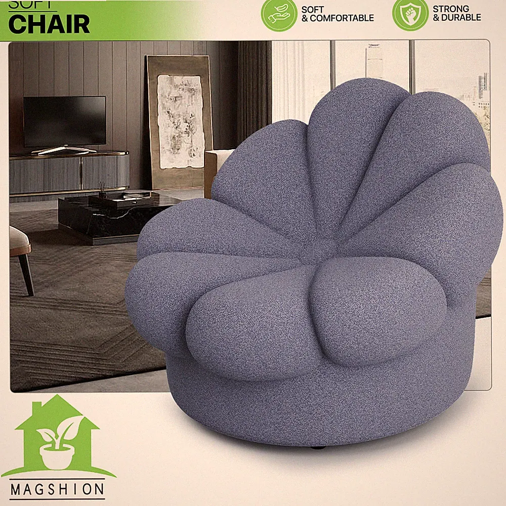 Blue Floor Lazy Sofa Couch Mohair Upholstered Gaming Seat Blooming Flower Chair