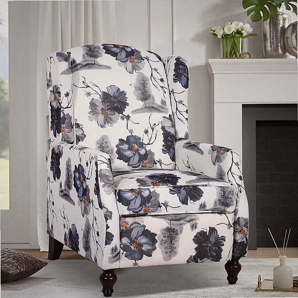 Blue Floral Wingback Recliner Chair with Adjustable Backrest for Living Room