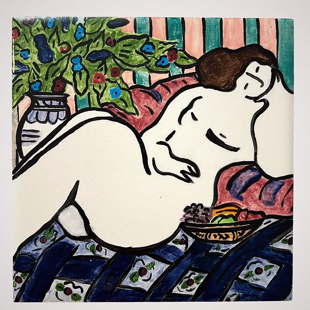 Ceramic Tile Abstract Art Hand Painted Reclining Nude Woman Fruit Bowl 6x6^