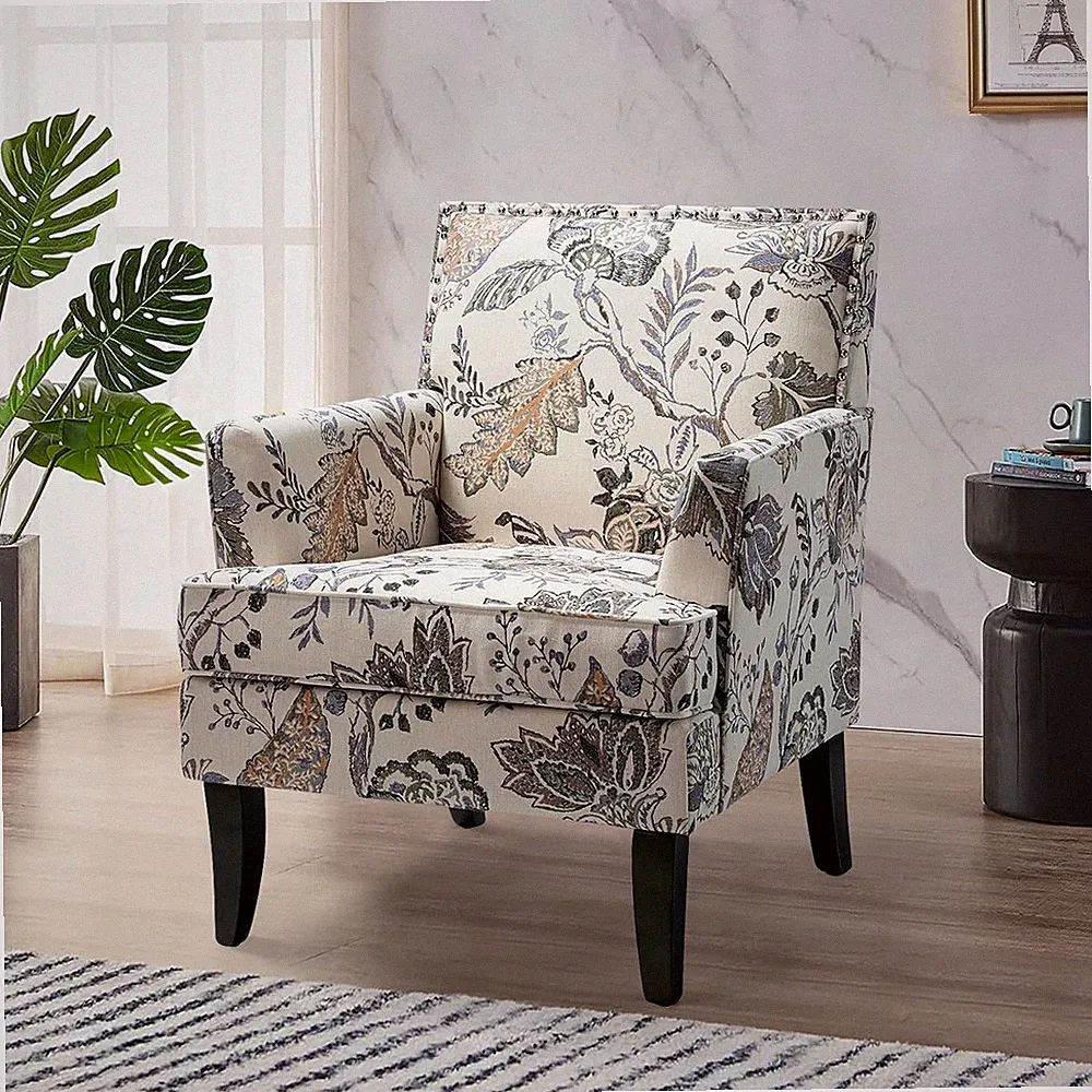 Floral Accent Chair with Arms, High Back, Padded Seat - Orange Grey