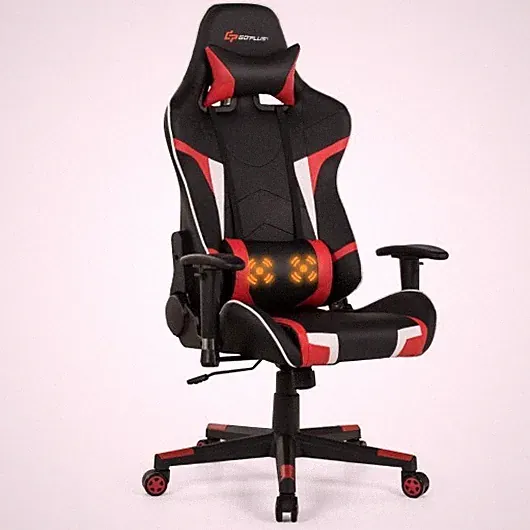 Reclining Swivel Massage Gaming Chair with Lumbar Support-Red - Color: Red