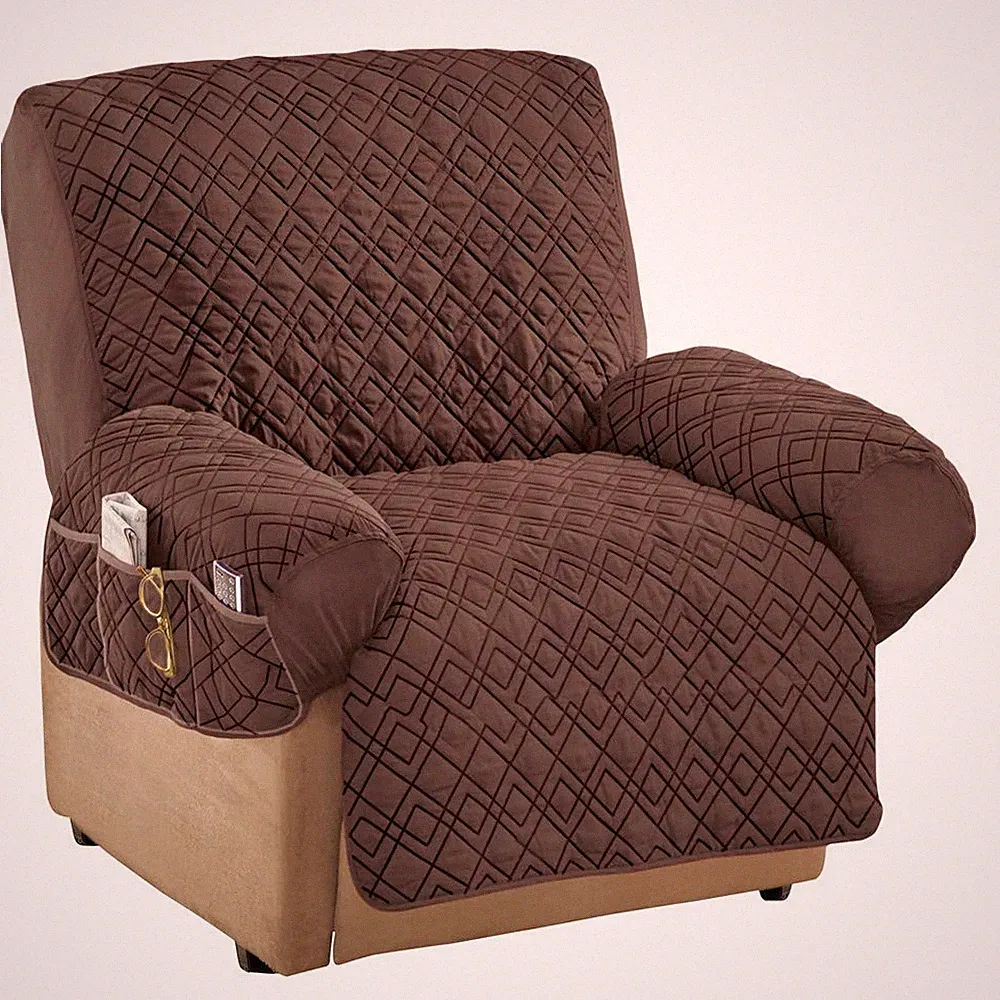 Sofa Recliner Cover, Stretch Fabric, Pockets For Storage, Brown